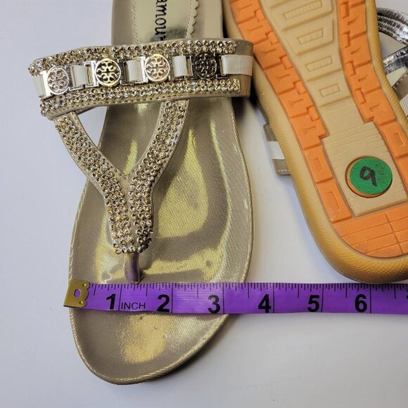 GOLD Sandals Size 9 Slip In Fancy Flats Slippers Comfy Insole Toe Post Sandals - Picture 5 of 9